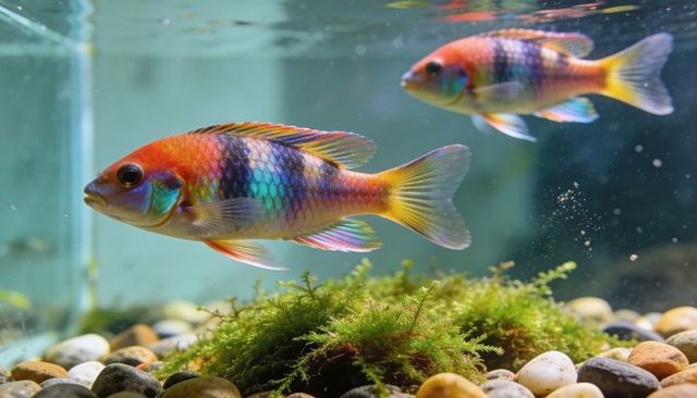 Vibrant freshwater aquarium fish with iridescent red head and turquoise scales swimming
