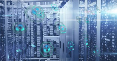 Cutting-Edge Data Center with Eco-Friendly Digital Icons - Download Free Stock Images Pikwizard.com