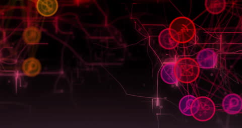 Abstract Glowing Network with Digital Icons on Black Background