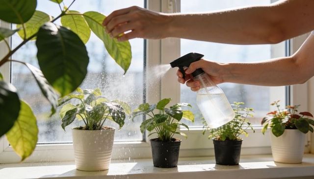 Hands misting lush houseplants on sunlit windowsill with spray bottle and ceramic pots