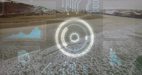 Augmented Reality HUD Reticle Hovering Over Aerial Coastal Landscape With Data Panels