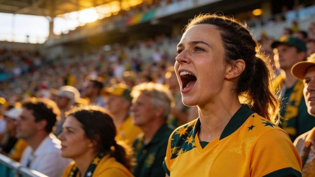 Young woman cheering and singing in yellow green jersey during golden hour at stadium