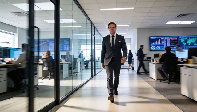Confident executive walking trading floor with glass offices and financial monitors