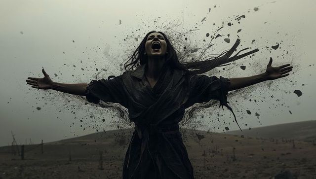 Screaming woman with outstretched arms in desolate plain with dynamic debris explosion