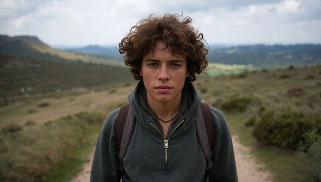 Teen hiker standing on moor trail with backpack curly plateau views under overcast sky