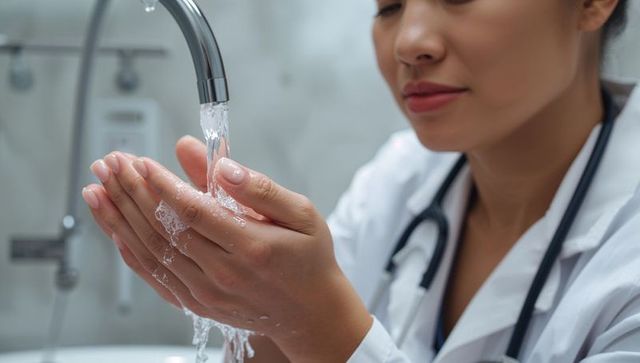 Asian female physician rinsing hands under chrome faucet promoting medical hygiene