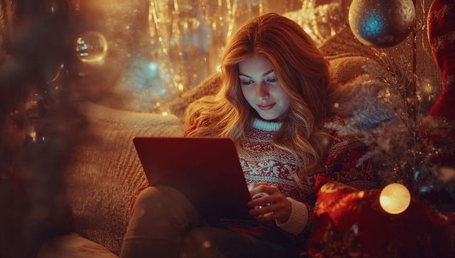 Woman Enjoying Tablet in Cozy Festive Living Room Decorated with Lights