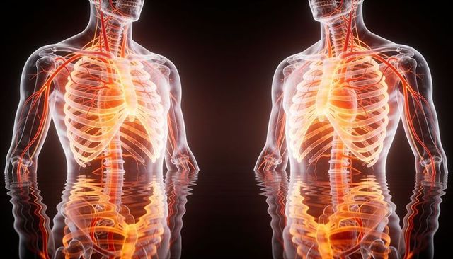 Translucent torso pair floating over reflective liquid revealing glowing heart and vessels