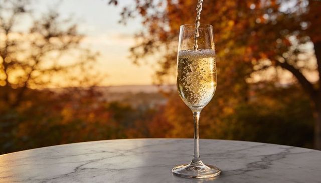 Pouring sparkling wine into champagne flute at golden hour with autumn bokeh sunset glow