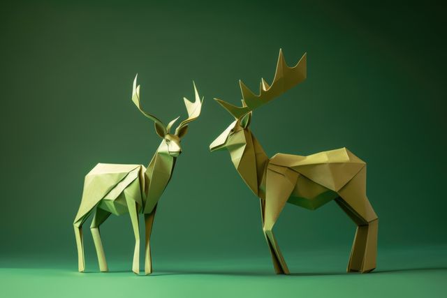 Close up of green origami figures of two elks, created using generative ai technology. Origami, art and japanese tradition concept digitally generated image.