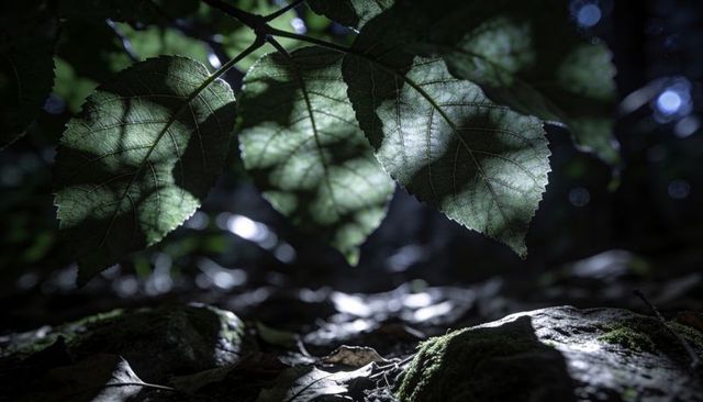 Backlit serrated leaves glowing over mossy forest floor with vein texture and bokeh