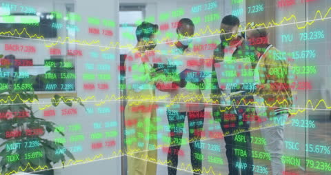 Team Analyzing Financial Data with Digital Display Effects