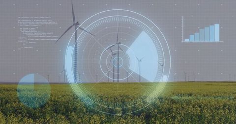 Digital interface over green energy wind farm landscape