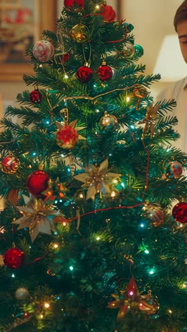 Vertical video: Child and parent decorating Christmas tree with lights in living room