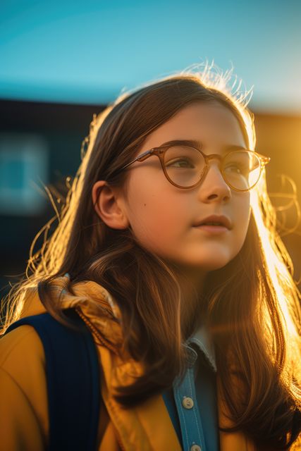 Portrait of a young girl wearing glasses and a backpack, illuminated by golden hour sunlight. Ideal for use in educational or inspirational content, back-to-school campaigns, or lifestyle blogs highlighting the beauty of youth and introspection.