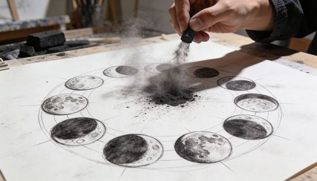 Creating lunar phases charcoal sketch with soot falling from stick, monochrome studio art