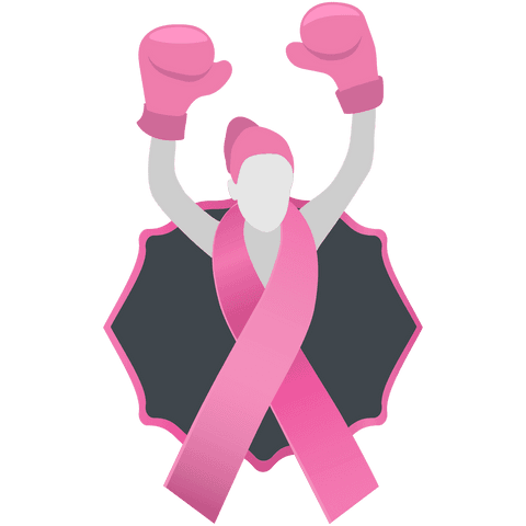 Transparent pink ribbon with boxing gloves, symbolizing strength & awareness