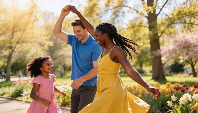 Twirling family enjoying sunlit spring park with tulips and joyful play