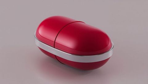 Glossy red capsule with silver band product mockup for medicine packaging and branding