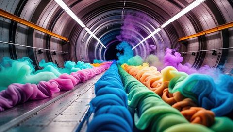 Vibrant colorful fabric swirls dramatically meet in futuristic tunnel, streamline design