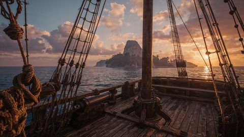 Vintage wooden pirate ship deck overlooking seascape during vibrant sunset