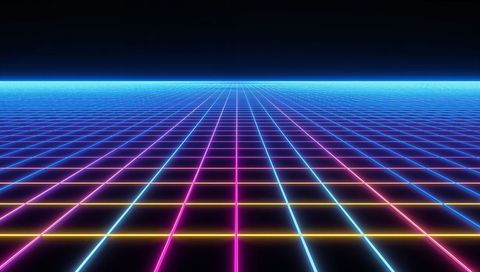 Neon grid receding to horizon with cyan glow retro synthwave cyberpunk landscape