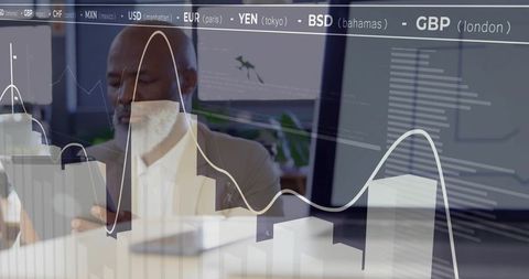 Executive reviewing financial reports on tablet with market charts and analytics overlay