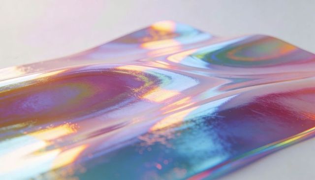 Iridescent holographic film forming glossy waves with opalescent pastel color shifts