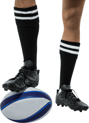 Transparent player balancing rugby ball with black socks and shoes