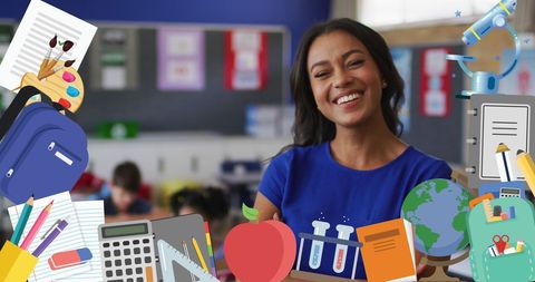 Cheerful Teacher in Classroom with School Supplies Overlays - Download Free Stock Images Pikwizard.com