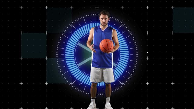 Basketball player stands confidently holding ball against holographic neon digital background featuring blue and red design. Ideal for sports technology content, fitness innovation promotions, or virtual reality simulations highlighting futuristic athlete training environments.