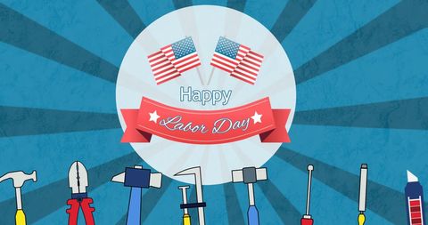 Labor day celebration graphic with tools and flags