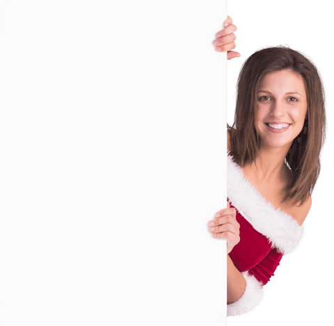 Smiling Woman in Santa Outfit Behind a Transparent Poster
