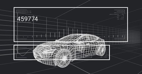 Wireframe sports car receiving CAD data with HUD readout 459774 on 3D grid interface UXUI