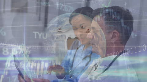 Healthcare Team Analyzing Data Overlayed with Global Financial Graphics