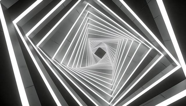 Spiraling led-lit square tunnel drawing eye toward dark void with geometric symmetry and depth