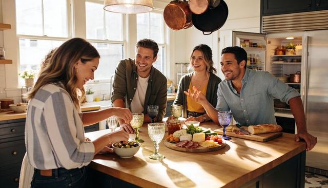 Friends sharing charcuterie on sunlit farmhouse kitchen island, casual bread and wine