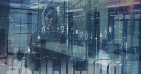 Global data analysis with businesswoman in office overlay