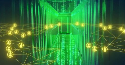 Neon data center corridor streaming code and connecting node network visualization