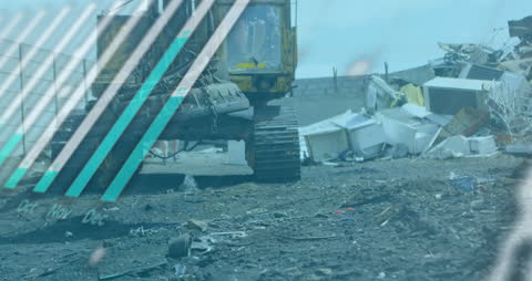 Heavy Machinery at Junkyard with Overlaid Financial Graph