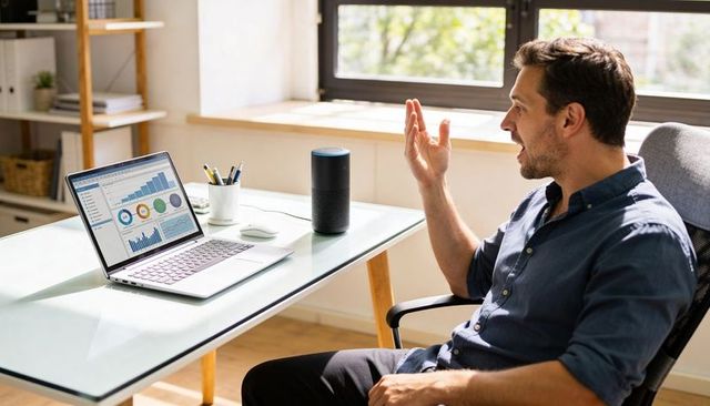 Man talking to smart speaker in bright home office with laptop analytics for remote work