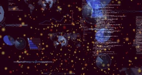 Displaying dark analytics dashboard with hud gauges, code streams, global maps and bokeh