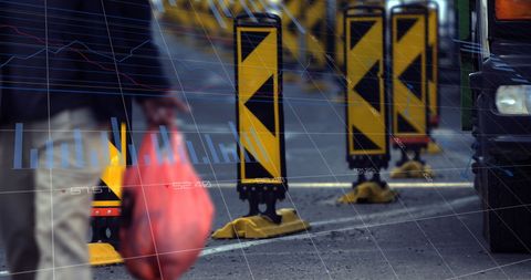 Urban Street with Overlay of Financial Data Visualization