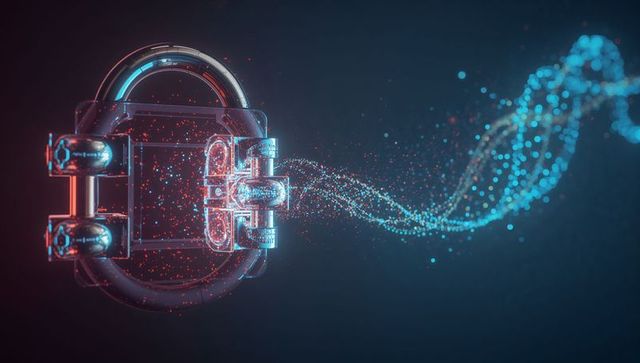 Neon cyber lock emitting streaming data ribbon, encryption and cybersecurity concept