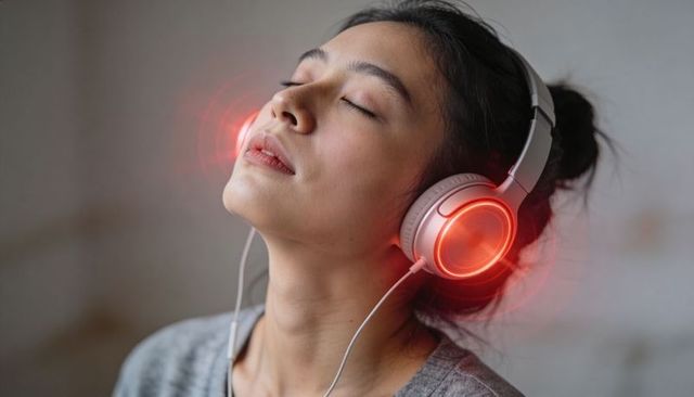 Asian woman listening with glowing red wired headphones, tilting head back, serene portrait