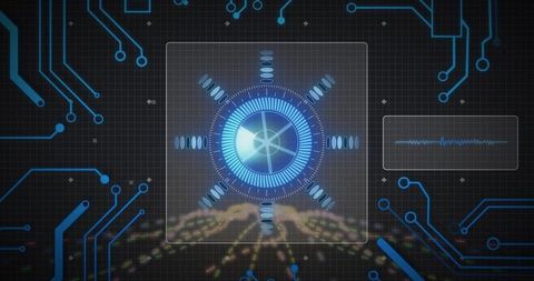 Futuristic cyber dashboard with glowing blue hud interface