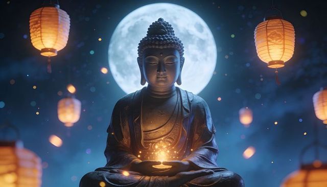 Buddha statue holding glowing orb beneath full moon with lanterns, night meditation