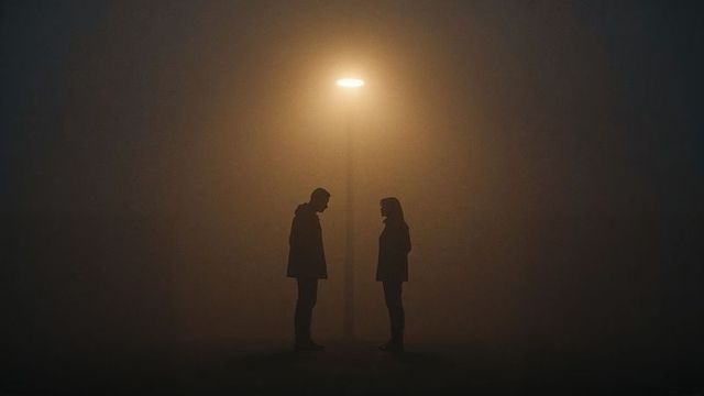 Silhouetted Couple Beneath Streetlamp in Foggy Night Ambiance