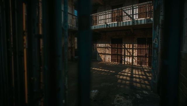 Rusted Metal Bars Casting Shadows in Abandoned Cell Block