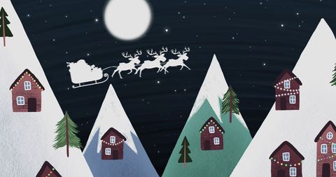Santa's Sleigh Soaring Over Snowy Mountain Village Under Full Moon